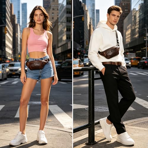 Genuine Leather Fanny Pack for Women & Men, Crossbody Waist Pack with Adjustable Strap, Hiking Hip Bum Belt for Travel, Hiking, Running - color: Coffee