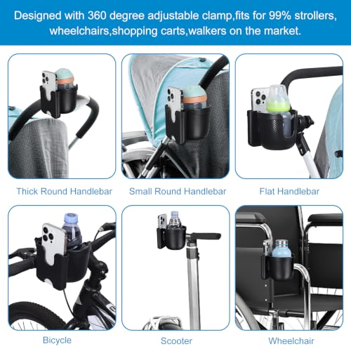 Accmor Stroller Cup Holder with Phone Holder, Bike Cup Holder, Walker Scooter Wheelchair Cup Holder Attachment, Universal Cup Holder for Uppababy Graco Strollers - color: All Black Carbon Fiber Texture
