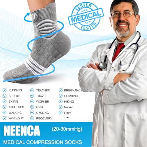 NEENCA Professional Compression Socks for Women Men Circulation, 20-30 mmHg - color: Gray White, size: Small