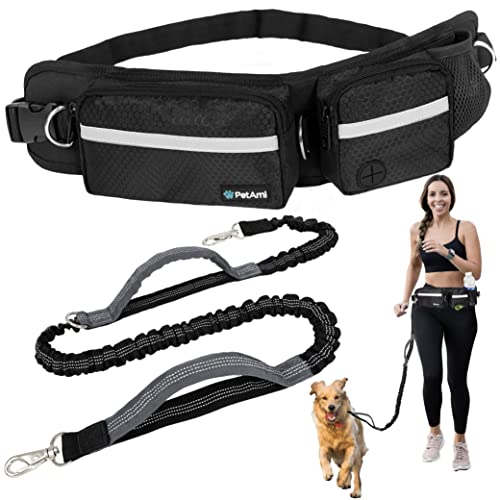 PetAmi Hands Free Dog Leash with Waist Running Belt Bag, Single (Black) - color: Black, size: 1 Leash