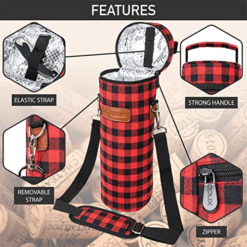 opux Single Bottle Wine Bag Carrier, Insulated Cooler Tote, Plaid Red Black - color: Buffalo Plaid Red