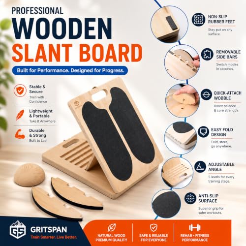 Slant Boards for Exercise, 3-in-1 Wooden Calf Stretcher, Rocker Balance Board and 360° Wobble Board, 5 Adjustable Angles, Anti-Slip Surface, Training Poster Included - size: Large