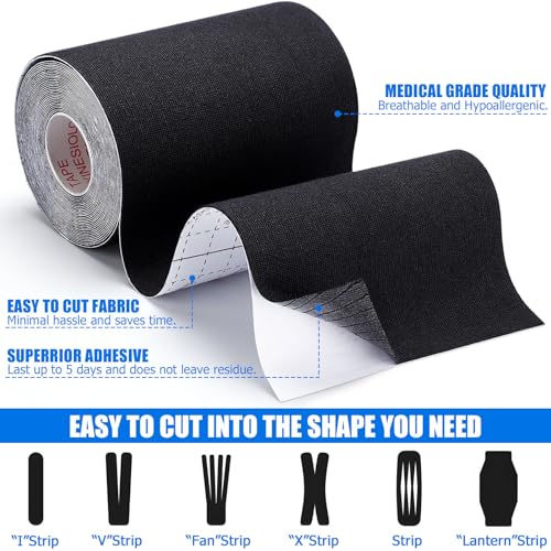 3 Pack Wide Kinesiology Tape, 4in x 5.5yd Athletic Tape, Black - color: Black - 4in