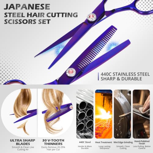 21Pcs 440C Hair Cutting Scissors Kit, Hair Scissors & Thinning Scissors Set - color: Purple