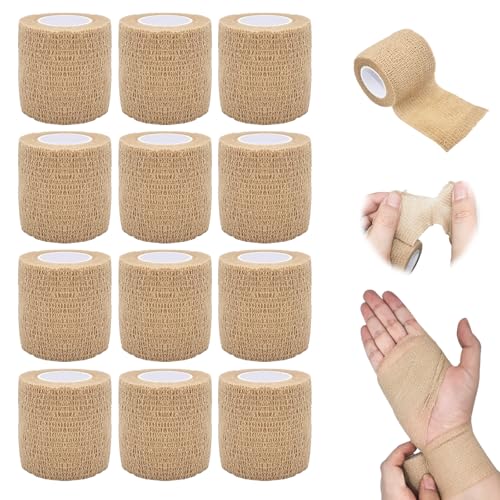 Cohesive Bandage Wrap 2 Inch x 5 Yards, 12 Pack Skin Color Self Adhesive Athletic Tape for Medical First Aid, Injury Recovery & Sports Wraps - color: Skin