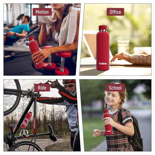 Exllena Slim Insulated Water Bottles for Travel 18oz with Clip, Double Wall Vacuum Stainless Steel Water Bottle Keeps Drinks Cold 24 Hrs/Hot 12 Hrs, 100% Leakproof, BPA Free（Red） - color: Red, size: 500 ml