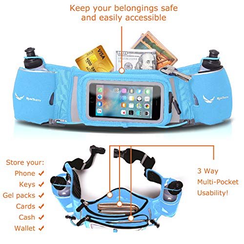 No.1 Hydration Belt by Runtasty - Premium Running Fuel Belt w/2 BPA-Free 10 oz Water Bottles, Tilt-Up Pocket w/Touchscreen-Ready Cover - Fits All iPhones, Runners Ebook & No-Bounce Design - color: Royal Blue