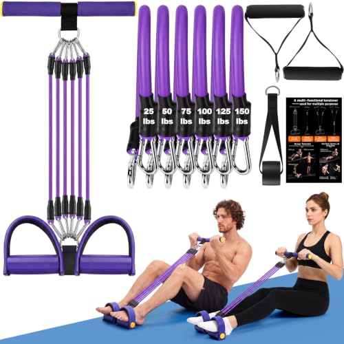 Arrowbash Upgrade 6 Tubes Foot Pedal Resistance Band Adjustable Pedal Puller Resistance Band with Handle Multifunction Fitness Bands for Men Women Abdomen Arm Leg Stretching - color: Purple, size: 150 Lbs
