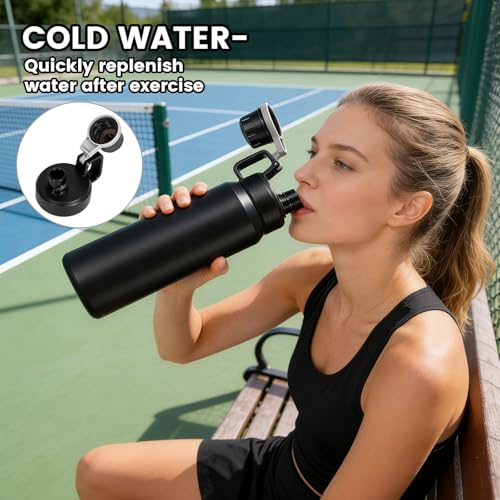 30oz Black Insulated Water Bottle with Carry Handle for Gym & Commute - color: Black