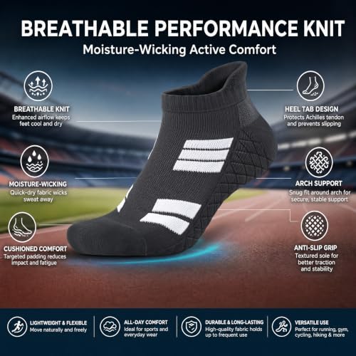 Running Socks Men Size 10-13 Ankle Height with Heel Tab for Athletic - color: 6 Black and White, size: X-Large
