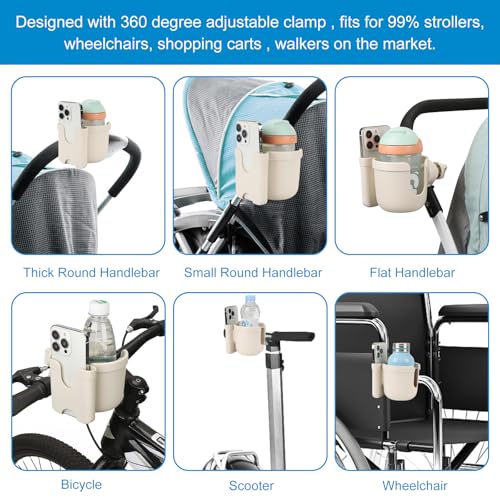 Accmor Stroller Cup Holder with Phone Holder, Bike Cup Holder, Walker Scooter Wheelchair Cup Holder Attachment, Universal Cup Holder for Uppababy Graco Strollers - color: All Off White