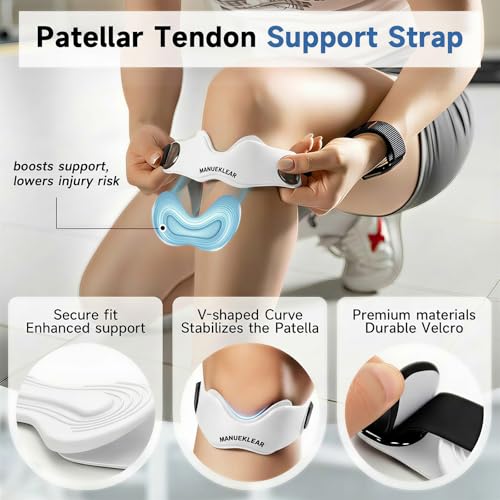 MANUEKLEAR V-Shaped Patella Bands, Adjustable Flex Wrap Patellar Tendon Support Strap for Men Women, Silicone Patella Knee Straps Suitable for Pain Relief Running Hiking Basketball, (2pcs) (White) - color: White