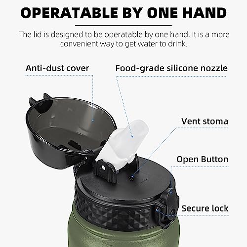 Fanhaw 32oz Kids Stainless Steel Water Bottle with Straw Lid, Olive Green - color: Olive Green, style: 32 Ounces