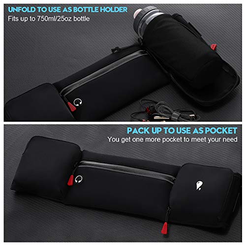 Simptech Running Belt Bag with Foldable Water Bottle Holder– No Bounce Hydration Waist Pack, Water Resistant Large Pocket Fanny Pack, Phone Holder for Men Women Running Hiking (Black)