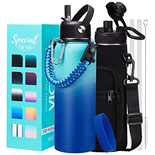 Metal Water Bottle 40oz - Stainless Steel Water Bottles with Straw Spout Lid, Sleeve Carry Strap, Vacuum Insulated, Leak Proof, BPA Free Water Jug, Modern Reusable Waterbottle Gym Biking Camping - color: Ocean Blue, size: 40 Ounces