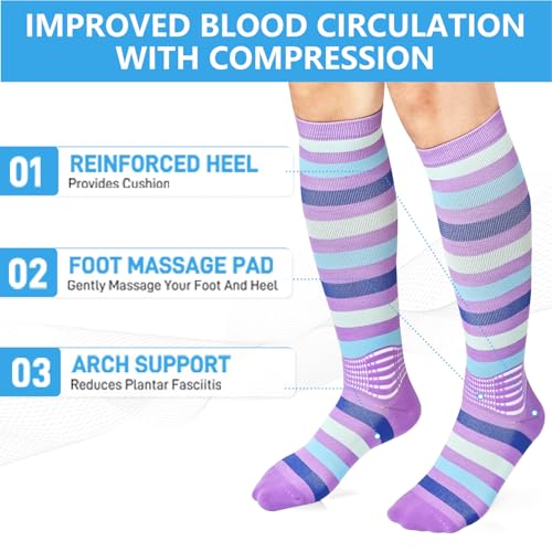 IRAMY Compression Socks Women Ankle Support Gradient Compression Wicking Moisture Knee High Socks 3 Packs - color: Blue+purple+light Green-3 Packs, size: Large