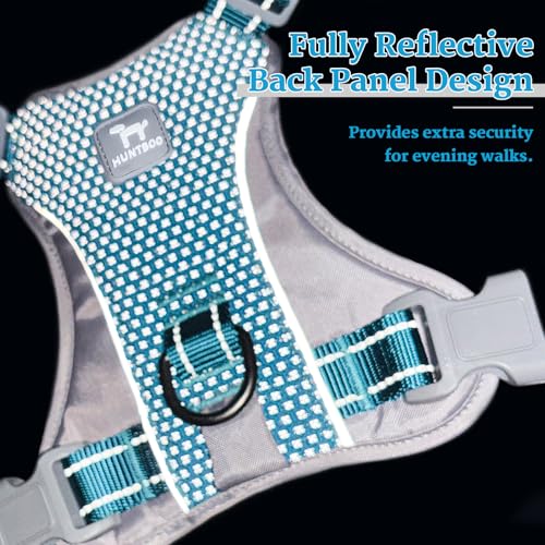 Huntboo No-Pull Dog Harness, Fully Reflective Vest with 2 Leash Clips, No-Choke, Adjustable, Breathable & Durable for Small, Medium & Large Dogs Walking, Training, Running (Teal Blue, L)