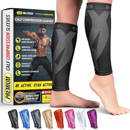 BLITZU Calf Compression Sleeves, Footless Compression Socks for Men & Women - color: Black, size: Large/X-Large