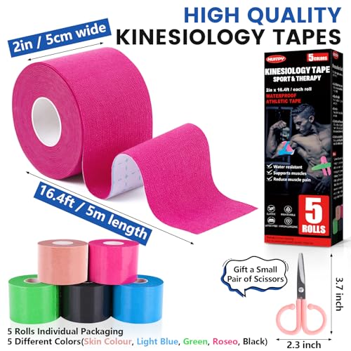 5 Rolls Kinesiology Tape, 5 Colors 2 inch x 16.4 Feet Waterproof Athletic Tape, Uncut Kinetic Tape, Elastic Muscle Tape, Sports Tape, Knee Tape for Exercise and Daily Use - color: Skin Colour, Light Blue, Green, Roseo, Black