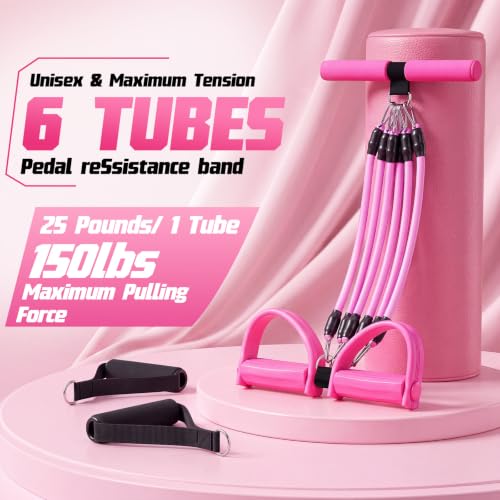Arrowbash Upgrade 6 Tubes Foot Pedal Resistance Band Adjustable Pedal Puller Resistance Band with Handle Multifunction Fitness Bands for Men Women Abdomen Arm Leg Stretching - color: Pink, size: 150 Lbs