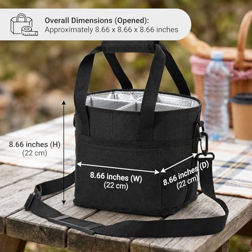 Drink Carrier Bag, 4 Compartment, Insulated Drink Carrier – Water Bottle Holder with Strap, Padded Handle Grip, Family Picnic Cooler Bag for Travel, Commute (Black) - color: Black