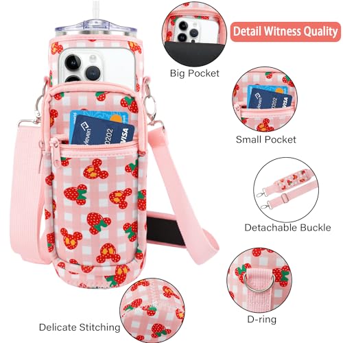 Water Bottle Carrier Bag 25oz/32oz Water Bottle Pouch Holder Adjustable Shoulder Strap Neoprene Water Bottle Sling Bag with Phone Pocket Insulated Tumbler Accessories for Walking - color: Pink