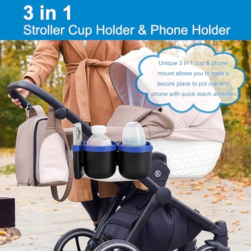 Accmor Stroller Cup Holder with Phone Holder, Bike Cup Holder, Walker Scooter Wheelchair Cup Holder Attachment, Universal Cup Holder for Uppababy Graco Strollers - color: Double Holder-Blue