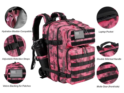 LHI Tactical Military Backpack for Men and Women 25L/35L Army Assault Pack Bag Small Rucksack with Bottle Holder - color: 35l-pink Tie Dye, size: Medium