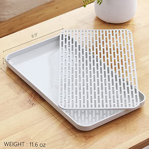2 Pack Serving Tray & Dish Rack & Flat Drain Board, Multi-Use Tray for Serving, Fruit Drain, Cup Drain, White & Grey, Perfect for Coffee Table, Kitchen, Outdoors (8.85W x 15.35L) - size: 8.85W x 15.35L- 2pack