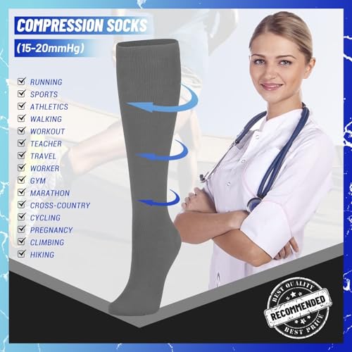 3 Pairs Compression Socks for Women & Men 15-20 mmHg, Knee High - color: 05 Black/Gray/White, size: Small-Medium