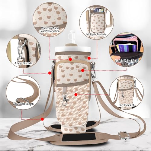 Stanley Carrier Bag for Stanley 40oz/30ozTumbler with Phone with 2 Adjustable Strap,3 Pockets Bottle Stanley Cup Carrier Bag & Case,Accessories for Hiking Travelling - color: Cut Bear