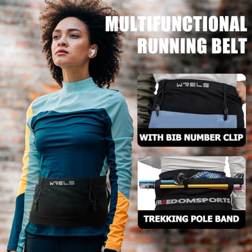 WRELS Slim Running Belt with Bib Number Clip,Elastic Phone Holder Fanny Pack for Women Men,Large Capacity Fitness Waist Pack Holds Water Bottle, Keys, Cards - color: Black-M