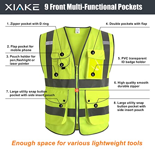 XIAKE 9 Pockets Class 2 High Visibility Reflective Safety Vest for Men Women,Meets ANSI/ISEA Standard - color: Yellow, size: Large