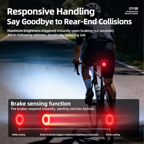 Bike Tail Light/Rear Light — Auto-On, Smart Brake Warning, USB Rechargeable, 6 Lighting Modes, Light Sensor, 40H Runtime, Battery Level Indicator, IP65 Waterproof, LED Backlight