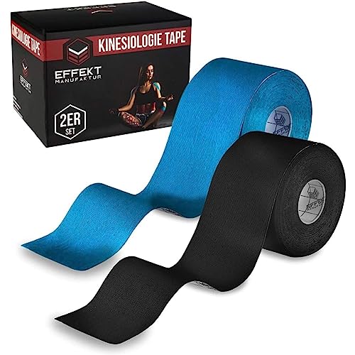 Effekt Manufaktur Kinesiology Tape Waterproof (16 ft x 2 in), 2 Rolls - Elastic Physio Tape for Muscle Support and Injury Recovery, Medical Tape, Kinetic Tape, Durable Kinesthetic Tape (Blue + Black) - color: Blue + Black