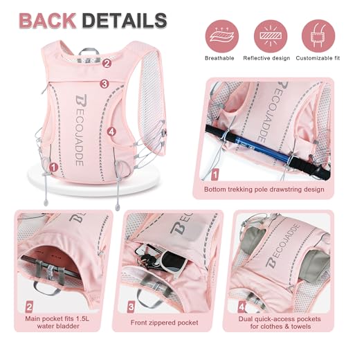 BECOJADDE 5L Running Vest for Women, Hydration Backpack Lightweight & Breathable for Trail Running, Marathon, Hiking, Cycling - color: Pink