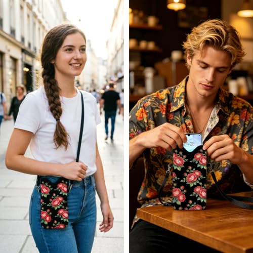 GLOBLELAND Roses Cell Phone Sleeve Pouch Case Bag 7.1×3.9 inch Flowers Shockproof Universal Phone Bag with Crossbody Strap Neck Lanyard for Women Men Phone Headphones Watch - color: Roses