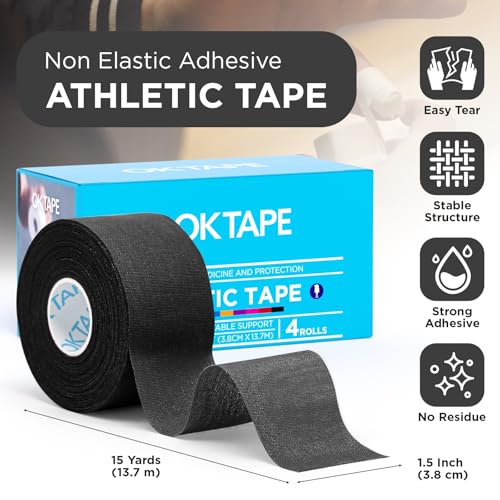 OK TAPE 4 Rolls Black Athletic Tape, Sports Tape, Very Strong, Easy Tear - color: Black-4 Rolls, size: 15 yards