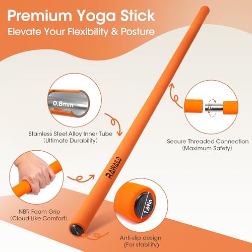 Yoga Stick, Upgraded 5ft Steel Mobility Exercise Bar for Back Stretching - color: 1-Orange