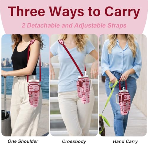 Water Bottle Carrier Bag for Stanley Cup 40/30oz, Neoprene Water Bottle Holder Pouch with 3 Pocket Adjustable Shoulder & Hand Strap - color: Pink Cherry Heart Bow