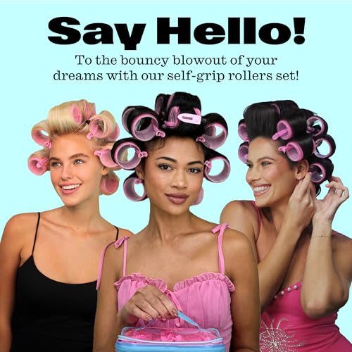 Trademark Beauty Self-Grip Hair Rollers - Lasting Defined Curls, Extra Hold, All Hair Types, Bouncy Blow Out, Self-Grip Rollers - Pink, (Pack of 18) - size: Medium