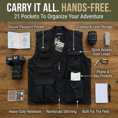 Humvee Utility Vest with 21 Pockets -Travel, Safari, Hunting, Camping, 100% Cotton, Tactical Jacket for Men & Women - color: Black, size: Medium