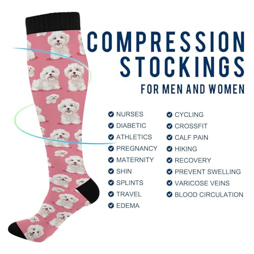 Snowflake Red Christmas Compression Sock for Women Men Funny Support Knee High Socks Running,Nurses,Travel - color: Maltese Dogs