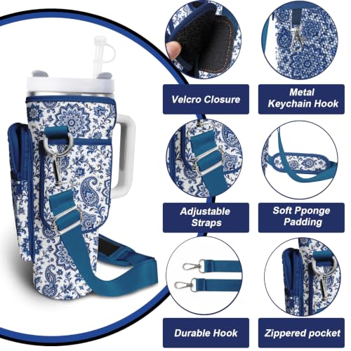 Water Bottle Carrier Bag for Stanley Cup 40/30oz, Neoprene Water Bottle Holder Pouch with 3 Pocket Adjustable Shoulder & Hand Strap - color: Blue Mandala Paisley