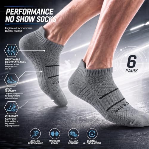 Running Socks Men Size 10-13 Ankle Height with Heel Tab for Athletic - color: 2 White, 2 Black, 2 Grey, size: Large