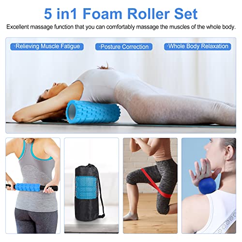 Aucuu 6 in 1 Foam Roller Set Includes Hollow Core Massage Roller, Yoga Stick, Massage Ball, Fitness Stretching Strap, Massage Roller, Carrying Bag, Towel (Blue) - color: Blue