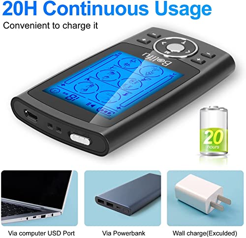 Belifu Dual Channel TENS EMS Unit 24 Modes Muscle Stimulator for Pain Relief Therapy, Electronic Pulse Massager Muscle Massager with 10 Pads, Dust-Proof Drawstring Storage Bag, Fastening Cable Ties - color: Black