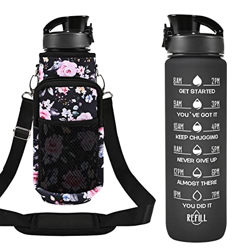 32 oz Water Bottles with Strap & Straw, Sport Motivational Water Bottles - color: Midnight Rose