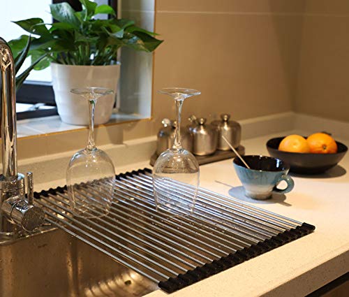 Ahyuan Roll up Dish Drying Rack Over The Sink Kitchen Roll up Sink Drying Rack Stainless Still Portable Drainer Foldable Dish Rack (Black, 17.8''X13.5'') - color: Black, size: Rectangle 17.8 inches x 13.5 inches
