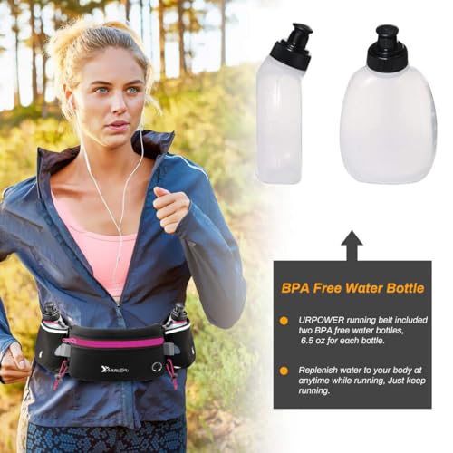 Number-one Running Belt with Water Bottles(2 x 175ML), Hydration Belt Waterproof Waist Pack Bag Fits iPhones Adjustable Sports Waist Pouch for Marathon Running Hiking Cycling, Rose Red